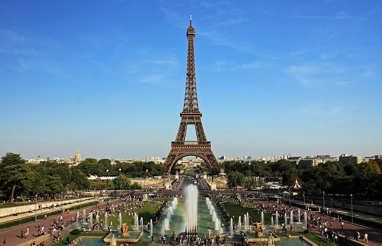 The Eiffel Tower and Trocadero gardens in Paris.
